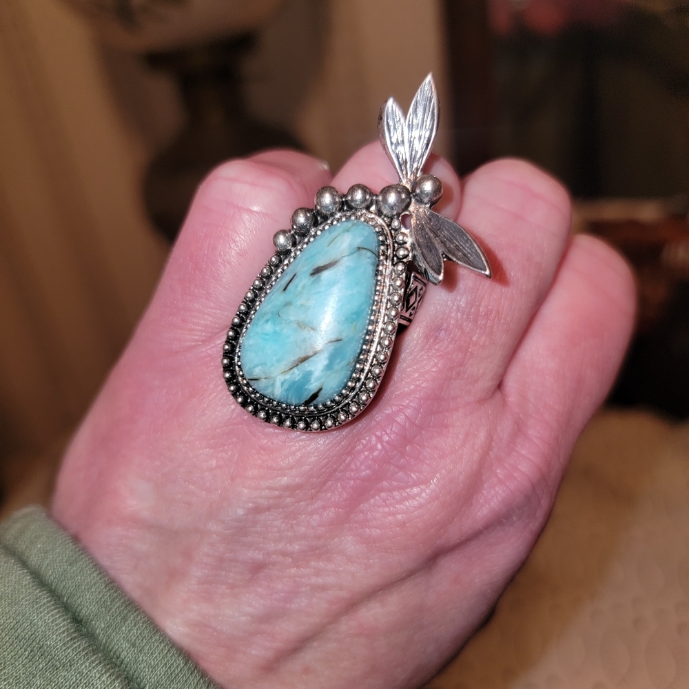 Dragonfly Faux Turquoise beaded stone Boho hippie South western ring NWT - Picture 7 of 15